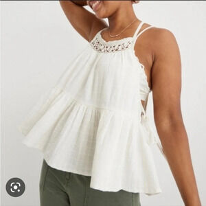 AERIE Beachy Boho Babydoll Lace Crochet Tassels Side Tie Crop Top